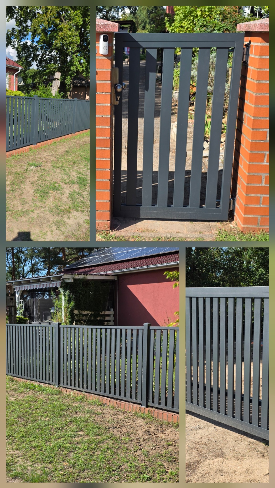 Nowoczesna, grafitowa brama furtki z pionowymi szczeblami, osadzona na ceglanych słupkach. Widoczny fragment ogrodzenia o podobnej stylistyce i wideodomofon.