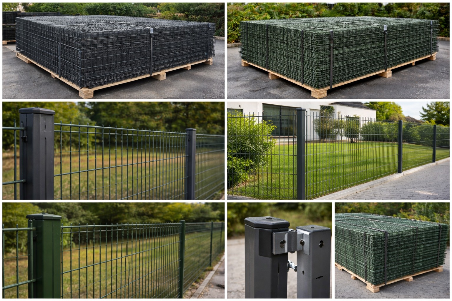 Zestawienie zdjęć: panele ogrodzeniowe na paletach, fragmenty zamontowanego ogrodzenia panelowego z metalowymi słupkami na tle zieleni i kostki brukowej.