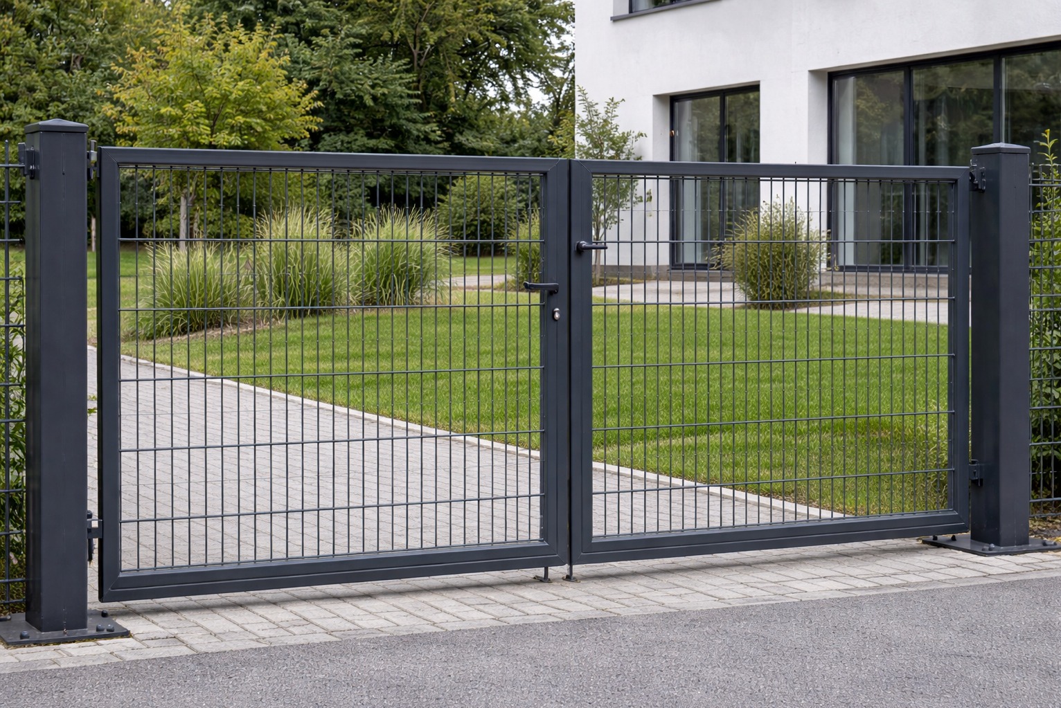 Nowoczesna, dwuskrzydłowa brama panelowa w kolorze grafitowym, z widocznym zamkiem i klamką, na tle zadbanego trawnika i minimalistycznego domu.