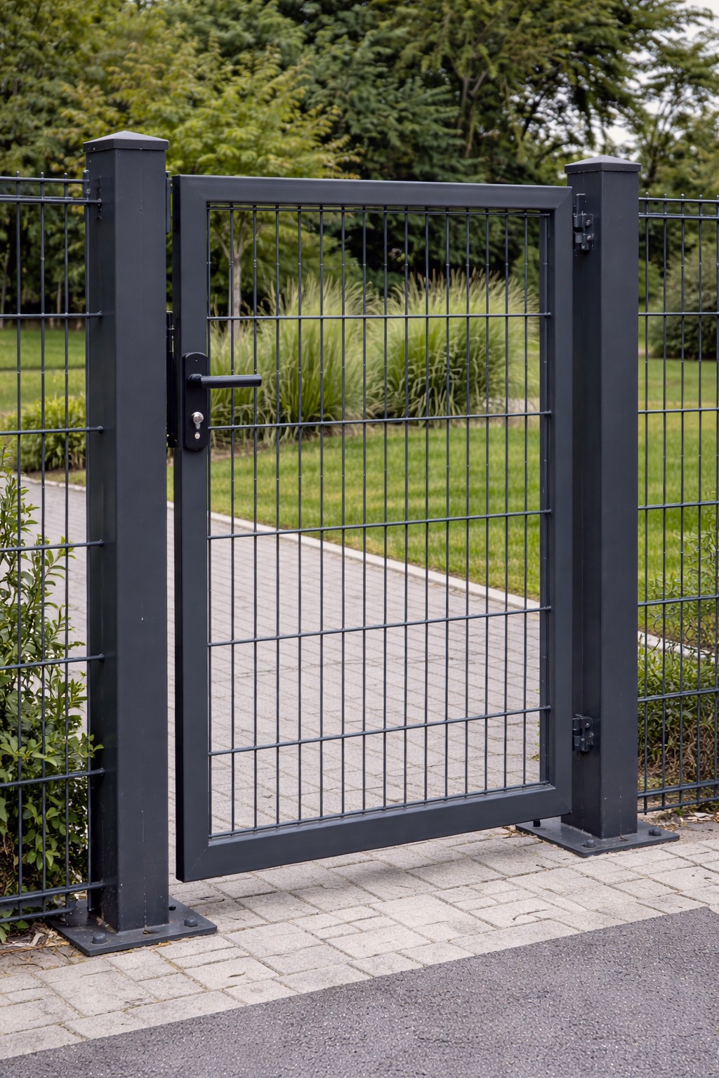 Nowoczesna, grafitowa brama panelowa z czarną klamką, zamontowana na posesji z kostką brukową i zielenią w tle. Solidna konstrukcja, minimalistyczny design.