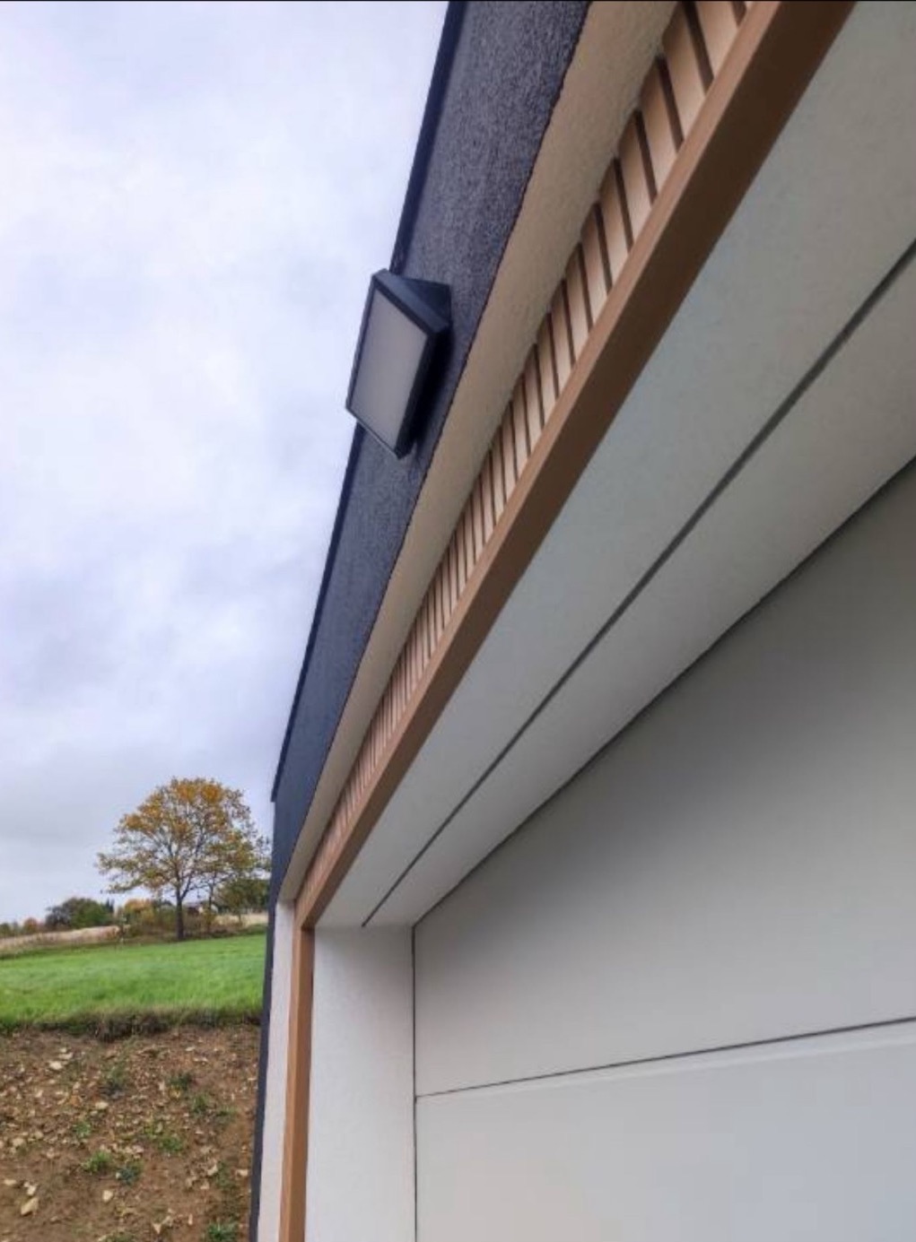 Fragment elewacji budynku z oświetleniem zewnętrznym, widok z dołu. Szara ściana, białe panele, brązowe detale. W tle drzewo i pochmurne niebo.