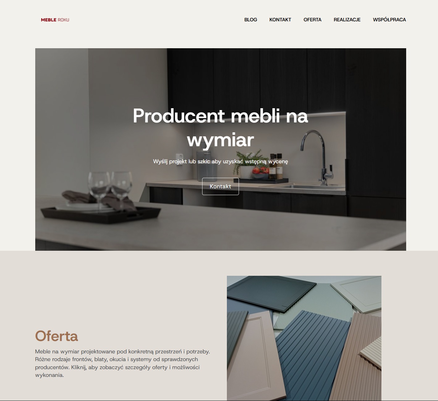 Strona internetowa producenta mebli na wymiar z minimalistyczną grafiką kuchni i frontów meblowych w różnych kolorach i fakturach. Oferta mebli projektowanych pod konkretne potrzeby.