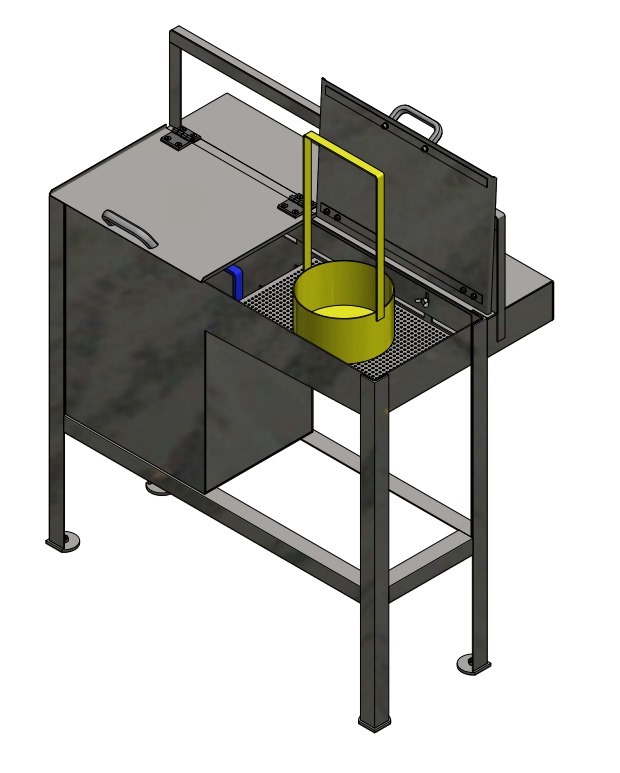 Model 3D metalowej konstrukcji z żółtym pojemnikiem, kratką i uchylnymi pokrywami. Widoczne detale spawów i mocowań. Całość na białym tle.
