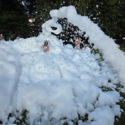 Dmuchane szaleństwo - Piana party w plenerze: dzieci i dorośli bawią się w białej pianie, z dyszy wylatuje strumień piany, w tle zieleń drzew. Atrakcja na imprezę.