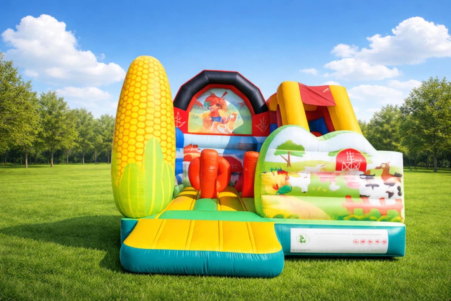 Kolorowy dmuchany zamek w kształcie farmy z kukurydzą na trawie, idealny na imprezy plenerowe dla dzieci. Widoczne drzewa w tle i błękitne niebo.