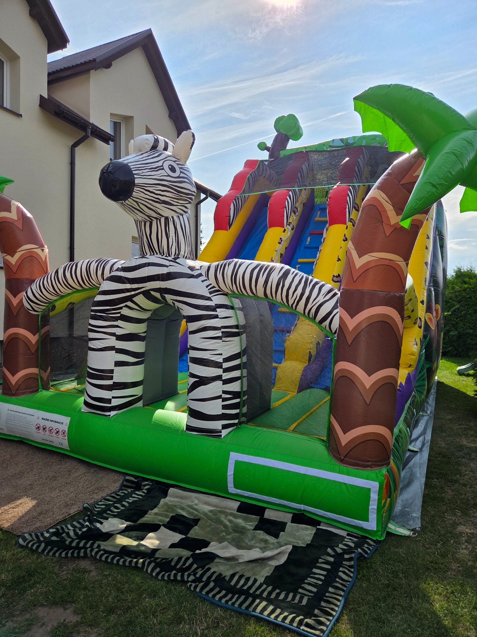 Kolorowy dmuchany zamek ze zjeżdżalnią w motywie zebry i dżungli, ustawiony na trawie przed domem. Widoczne palmy i elementy dekoracyjne. Idealny na imprezy plenerowe dla dzieci.