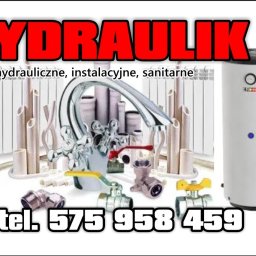 Kisil Marian - Kompozycja armatury, rur, grzejnika i bojlera na białym tle z napisem 'Hydraulik' i numerem telefonu. Prezentacja usług hydraulicznych i instalacyjnych.