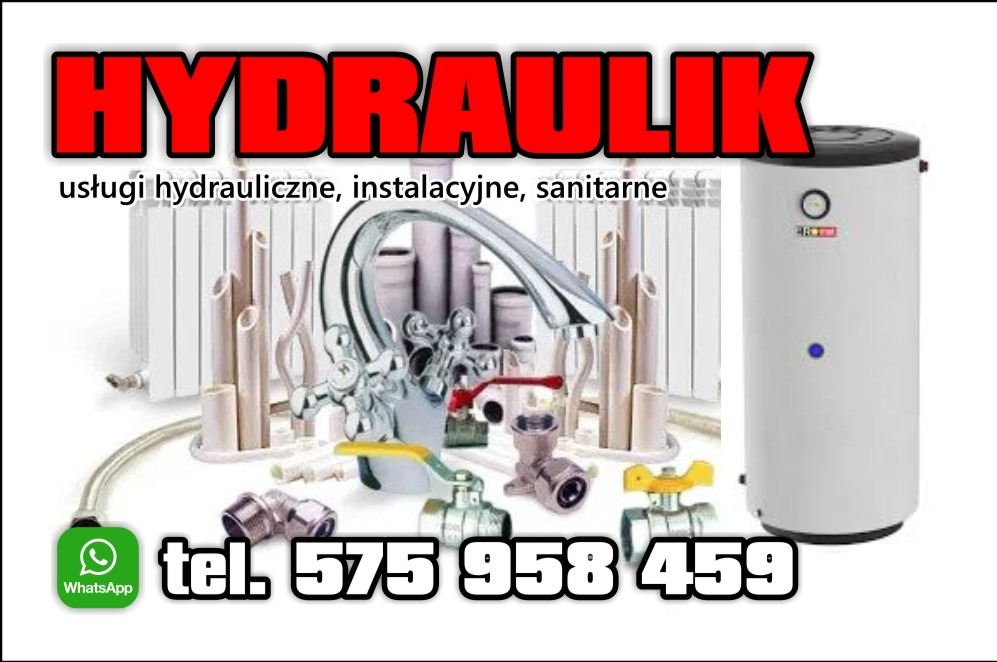 Kompozycja armatury, rur, grzejnika i bojlera na białym tle z napisem 'Hydraulik' i numerem telefonu. Prezentacja usług hydraulicznych i instalacyjnych.