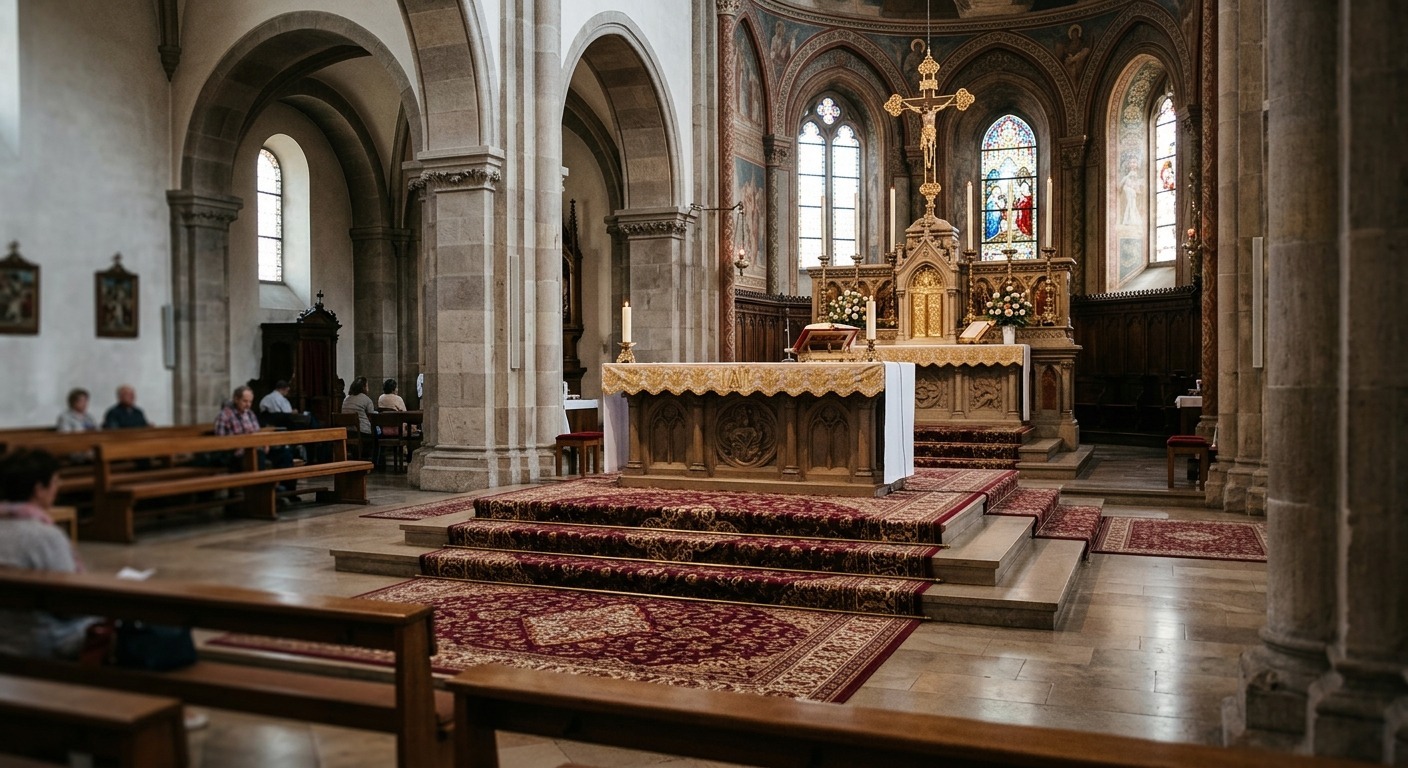 Wnętrze kościoła z ołtarzem, zdobionymi kolumnami i witrażami. Czerwone dywany na schodach prowadzą do ołtarza. W tle siedzący ludzie na ławkach.