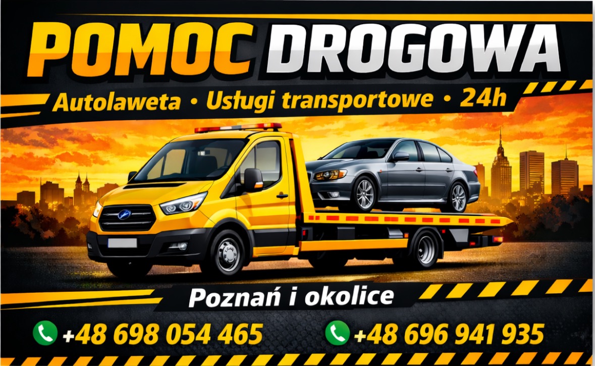 Żółta autolaweta z szarym samochodem na platformie, na tle panoramy miasta Poznań o zachodzie słońca. Napis: Pomoc Drogowa, Autolaweta, Poznań i okolice, numery telefonów.