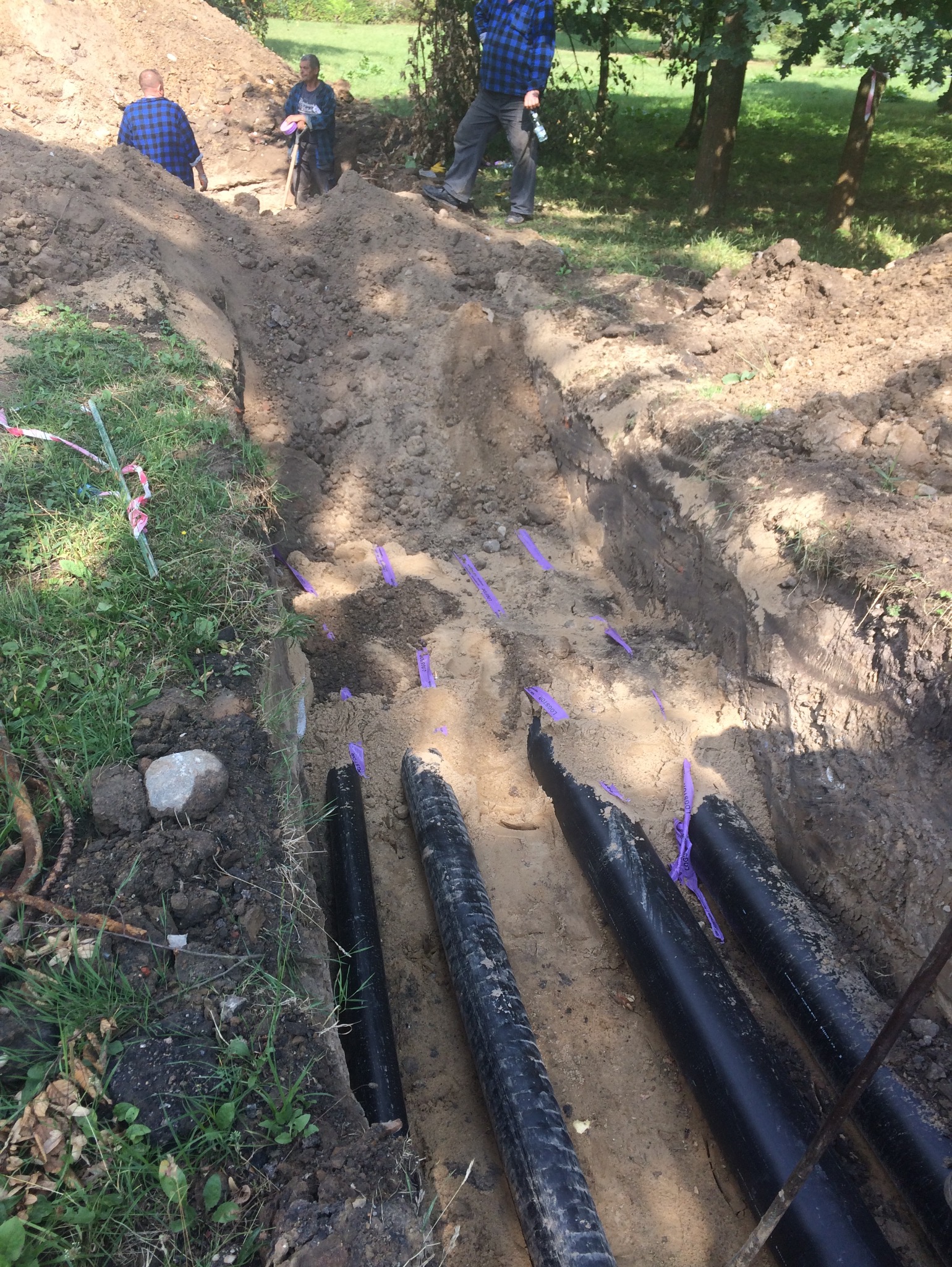 Wykop z ułożonymi czarnymi rurami, zabezpieczonymi fioletową taśmą. W tle widoczni pracownicy w trakcie prac ziemnych. Prace instalacyjne w terenie.