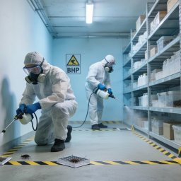 GALPA PAWEŁ BIAŁOŃ - Dezynsekcja magazynu: dwaj pracownicy w kombinezonach ochronnych opryskują ściany i podłogę, gdzie widoczne są pułapki na owady. W tle regały z pojemnikami.