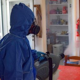 GALPA PAWEŁ BIAŁOŃ - Osoba w kombinezonie ochronnym i masce rozpyla środek dezynfekujący w pomieszczeniu. Widoczny sprzęt do zamgławiania i wyposażenie kuchni w tle.