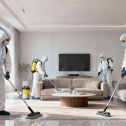 GALPA PAWEŁ BIAŁOŃ - Czterech pracowników w kombinezonach ochronnych i maskach dezynfekuje dywan w salonie, używając specjalistycznego sprzętu i środków czyszczących. Widoczne okna i meble.