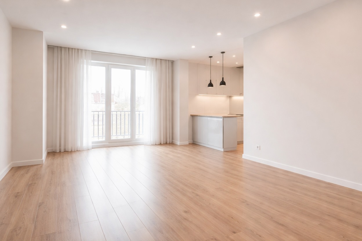 Jasne, przestronne wnętrze z drewnianą podłogą, białymi ścianami i widokiem na kuchnię z wyspą. Duże okno balkonowe z białymi zasłonami wpuszcza dużo światła.