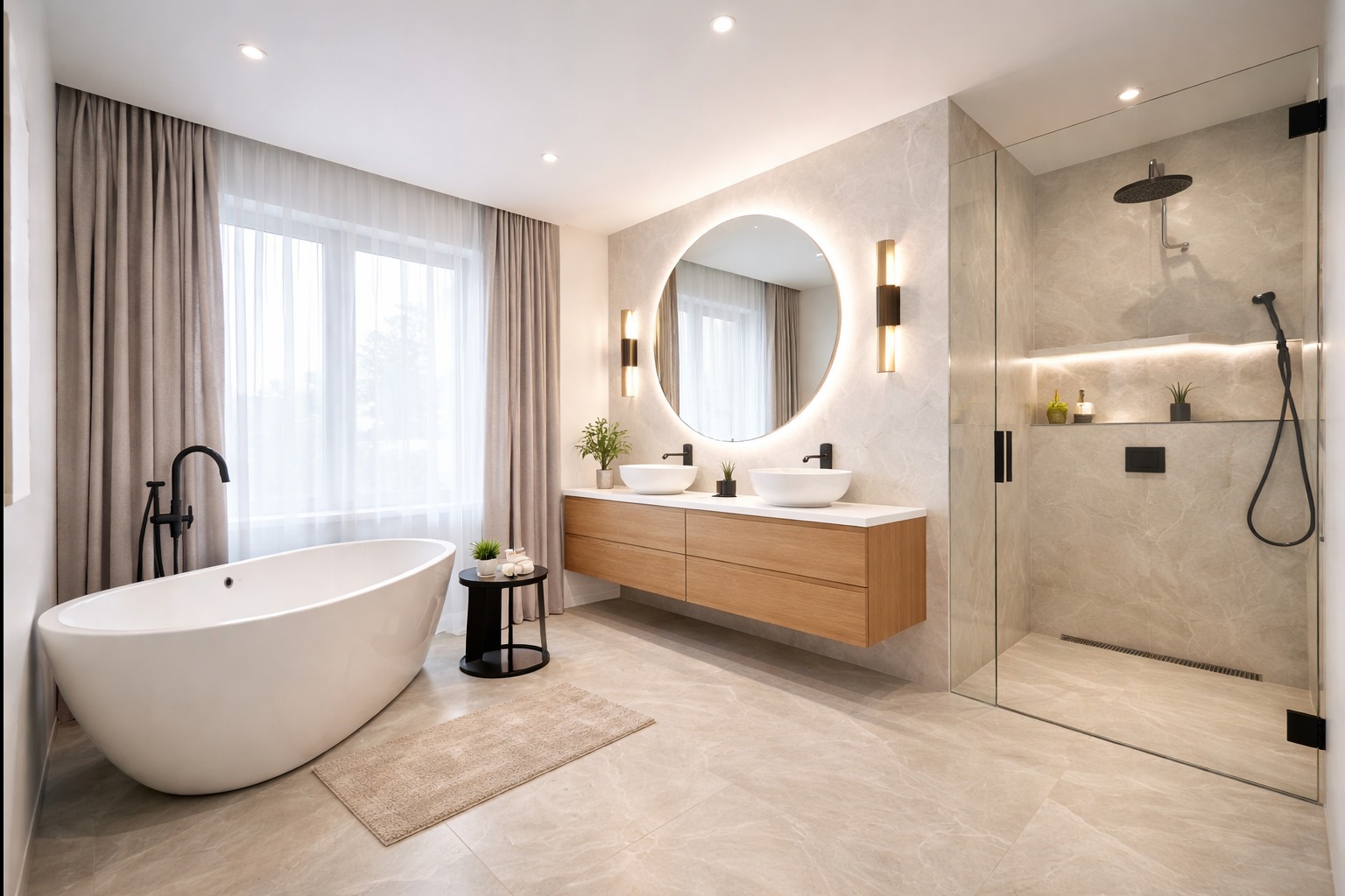 Nowoczesna łazienka w Tucholi z wolnostojącą wanną, podwójną umywalką i kabiną prysznicową ze szklaną ścianą. Jasne płytki i oświetlenie LED.