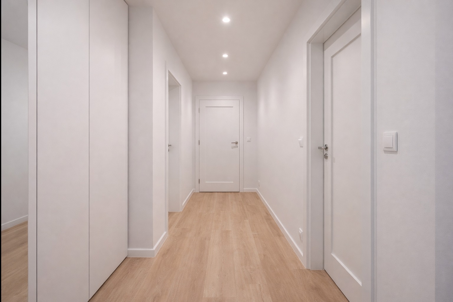 Biały korytarz z drewnianą podłogą, oświetleniem punktowym i trzema parami drzwi. Minimalistyczny design, świeżo po remoncie, widok z perspektywy.