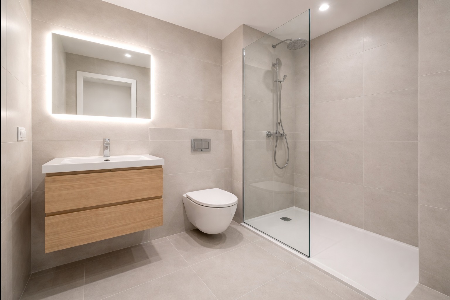 Jasna łazienka z kabiną prysznicową typu walk-in, podwieszaną szafką z umywalką i lustrem z podświetleniem LED. Minimalistyczny design, płytki w odcieniach beżu.