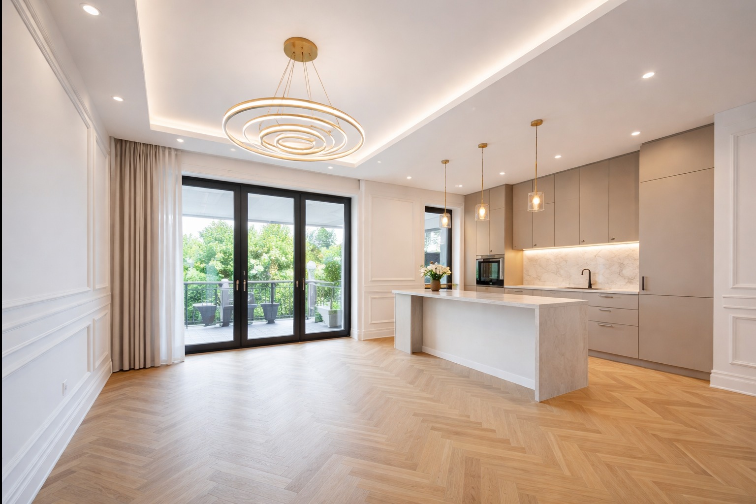 Jasne, przestronne wnętrze z parkietem w jodełkę, nowoczesną kuchnią z wyspą i wyjściem na balkon. Dekoracyjne listwy ścienne i designerska lampa.