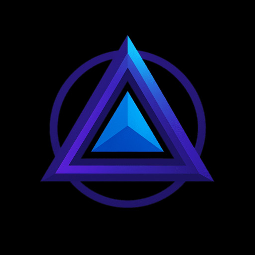 Abstrakcyjna grafika: gradientowy, niebiesko-fioletowy trójkąt w okręgu na czarnym tle. Wewnątrz mniejszy, jaśniejszy trójkąt. Minimalistyczny design.