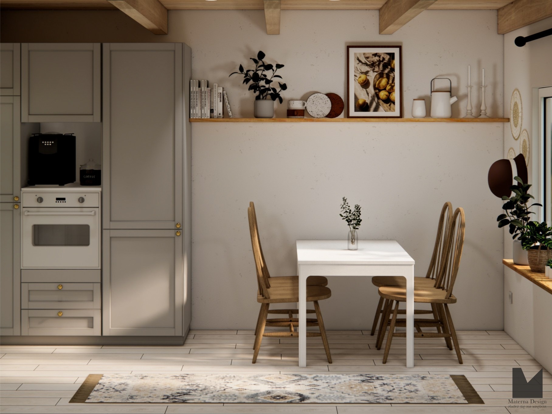 Jasna kuchnia z drewnianymi akcentami: stół z krzesłami, zabudowa kuchenna w odcieniach szarości, drewniane belki stropowe i dekoracje na półce. Przytulne wnętrze.