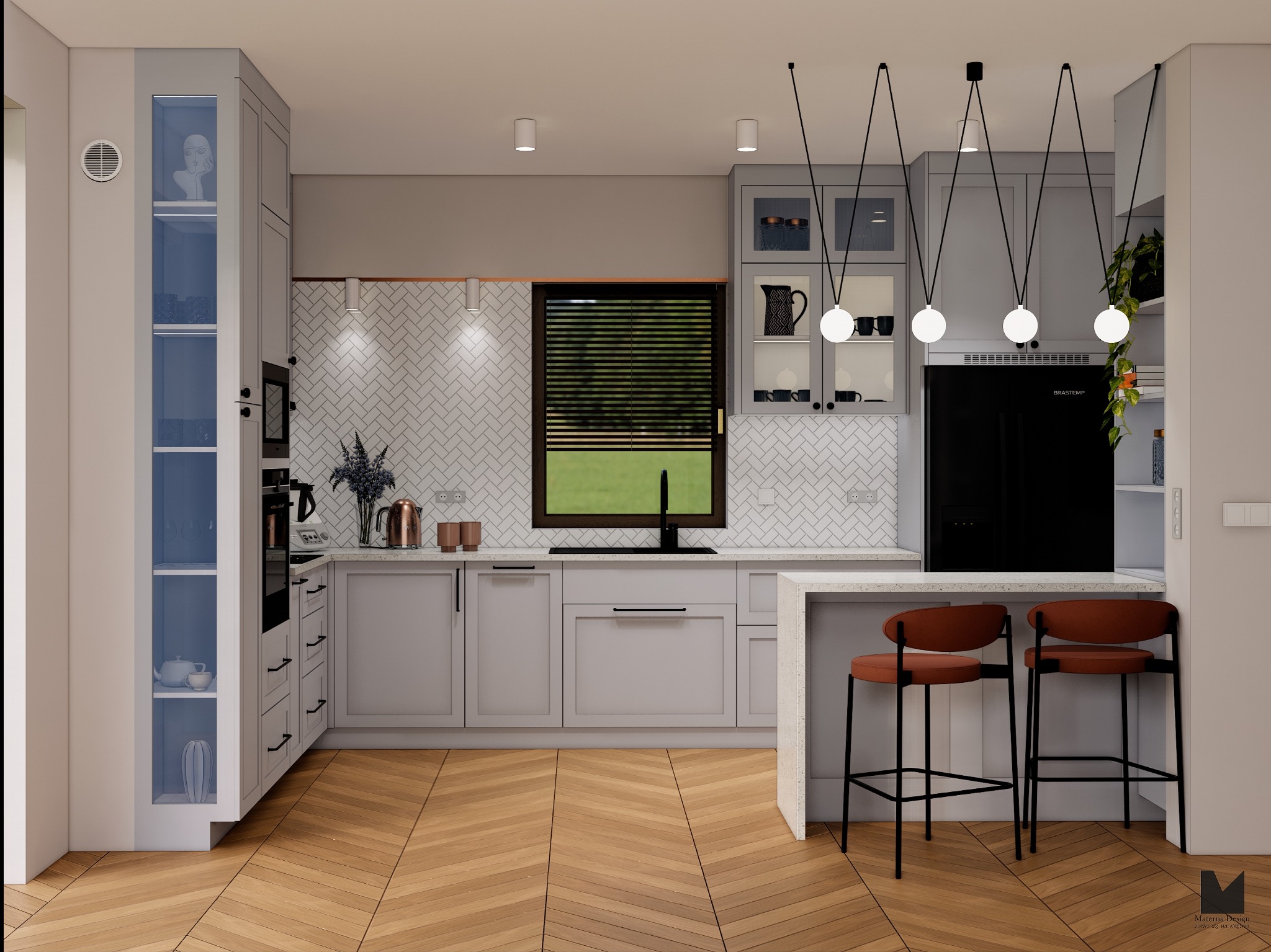 Jasna kuchnia z drewnianą podłogą w jodełkę, szare szafki, czarny sprzęt AGD i wyspą z dwoma krzesłami barowymi. Minimalistyczne oświetlenie.