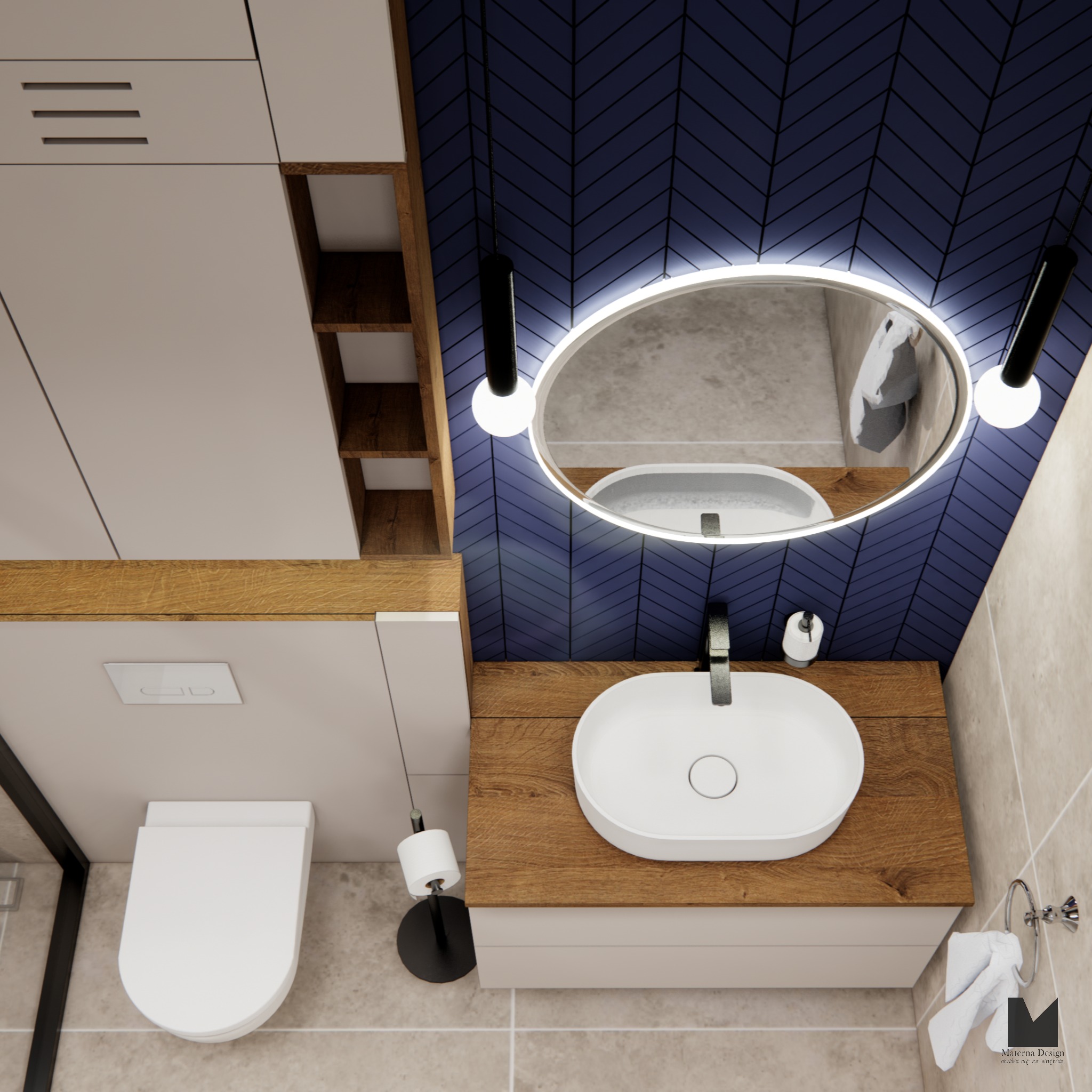 Nowoczesna łazienka z umywalką nablatową na drewnianym blacie, podświetlanym lustrem i toaletą. Granatowe płytki w jodełkę dodają elegancji. Widok z góry.