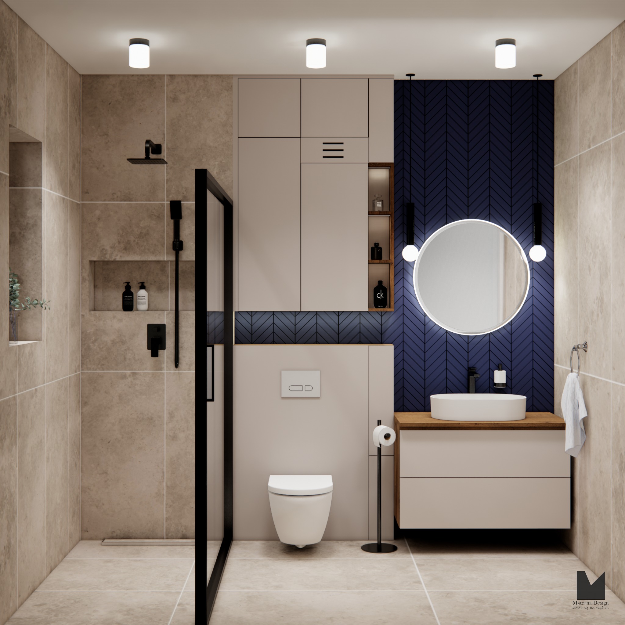 Nowoczesna łazienka z kabiną typu walk-in, umywalką nablatową na drewnianym blacie i toaletą podwieszaną. Granatowa ściana w jodełkę i beżowe płytki.