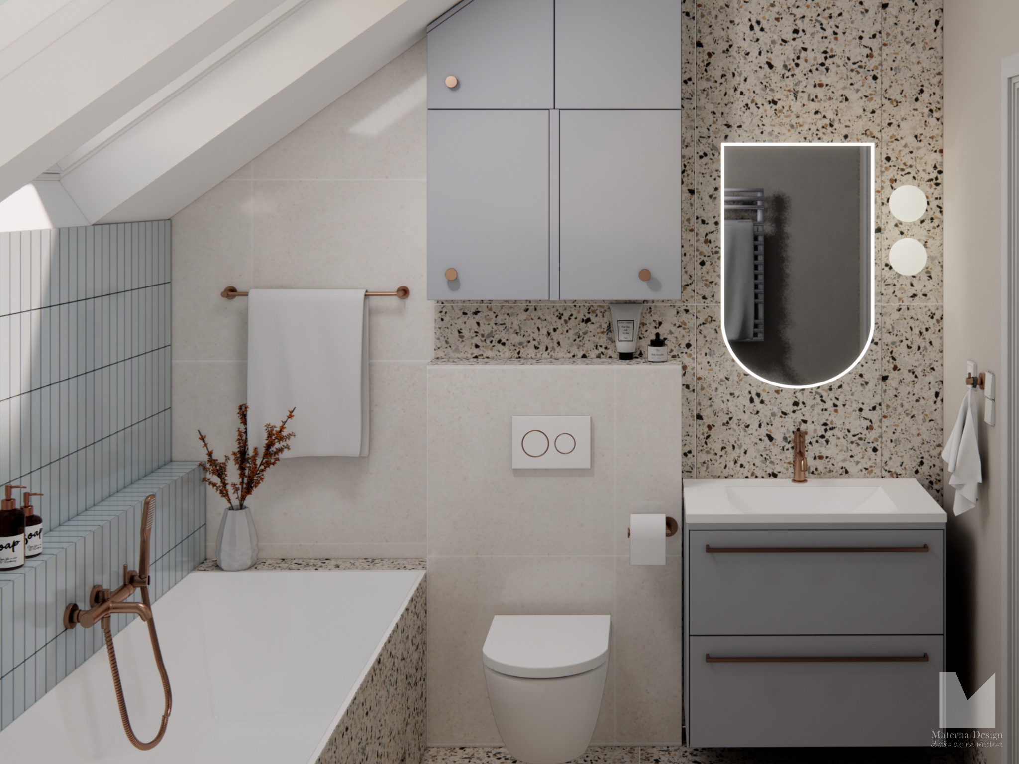 Stylowa aranżacja łazienki na poddaszu w Koniuszy. Umywalka z szafką, toaleta, wanna z armaturą w kolorze miedzi i lustro z podświetleniem LED.