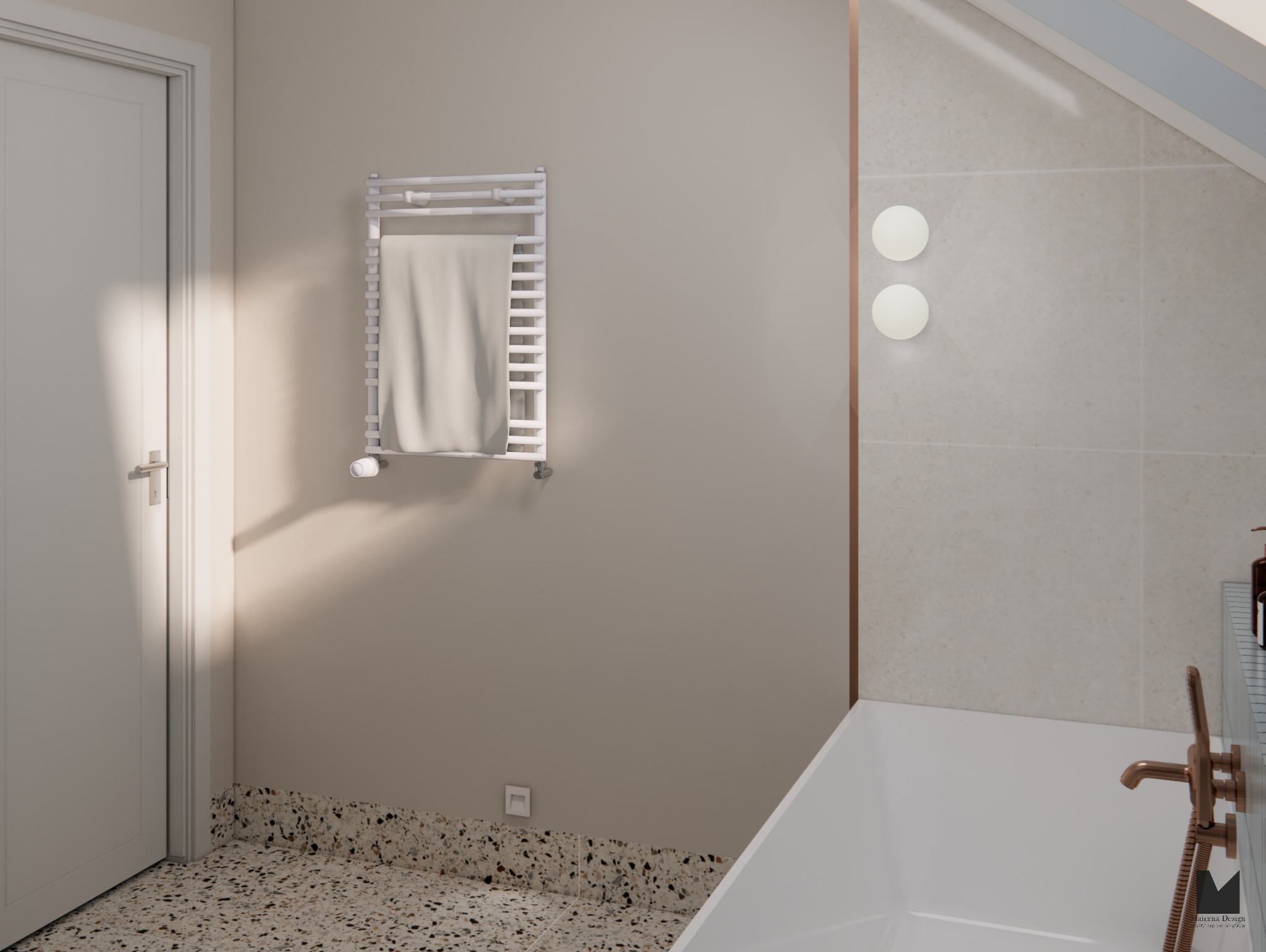 Jasna łazienka z grzejnikiem drabinkowym, na którym wisi biały ręcznik. Umywalka z miedzianą armaturą i beżowe płytki na ścianach. Podłoga w stylu lastryko.