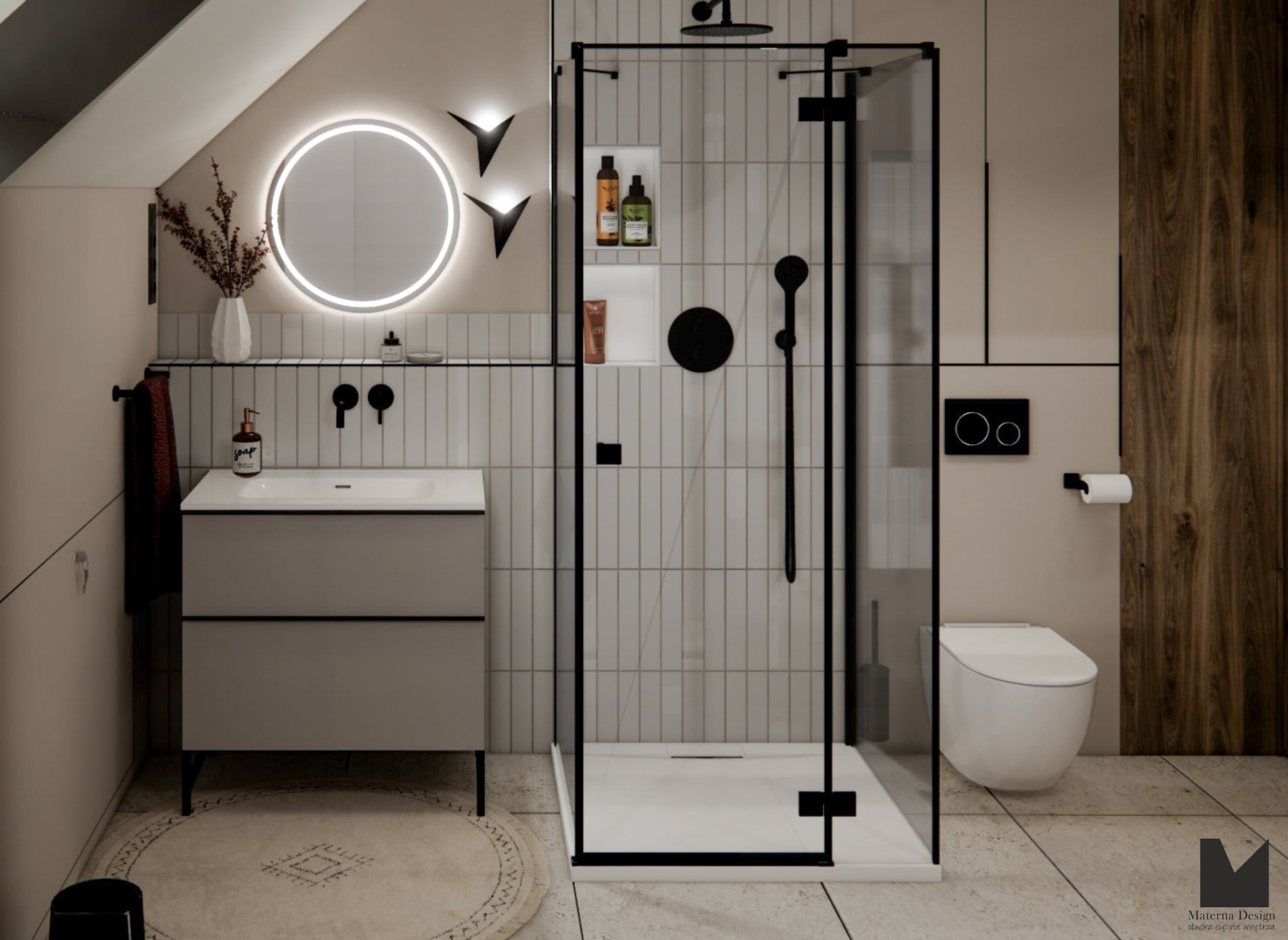 Nowoczesna łazienka na poddaszu z kabiną prysznicową typu walk-in, okrągłym lustrem z podświetleniem LED i beżową szafką pod umywalką. Minimalistyczny design.