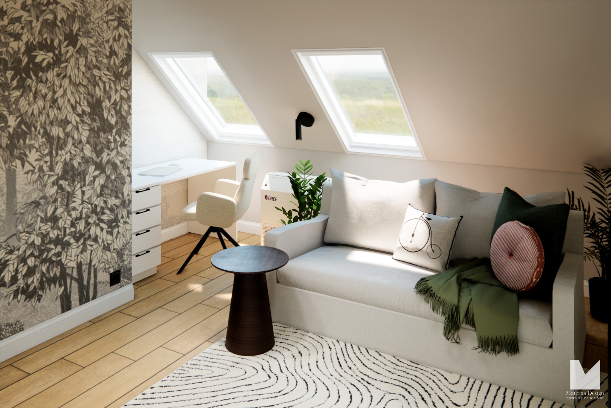 Jasne poddasze z oknami dachowymi: sofa z poduszkami, biurko z krzesłem, wzorzysta tapeta i dywan w fale. Nowoczesny design z elementami natury i minimalistycznym stylem.
