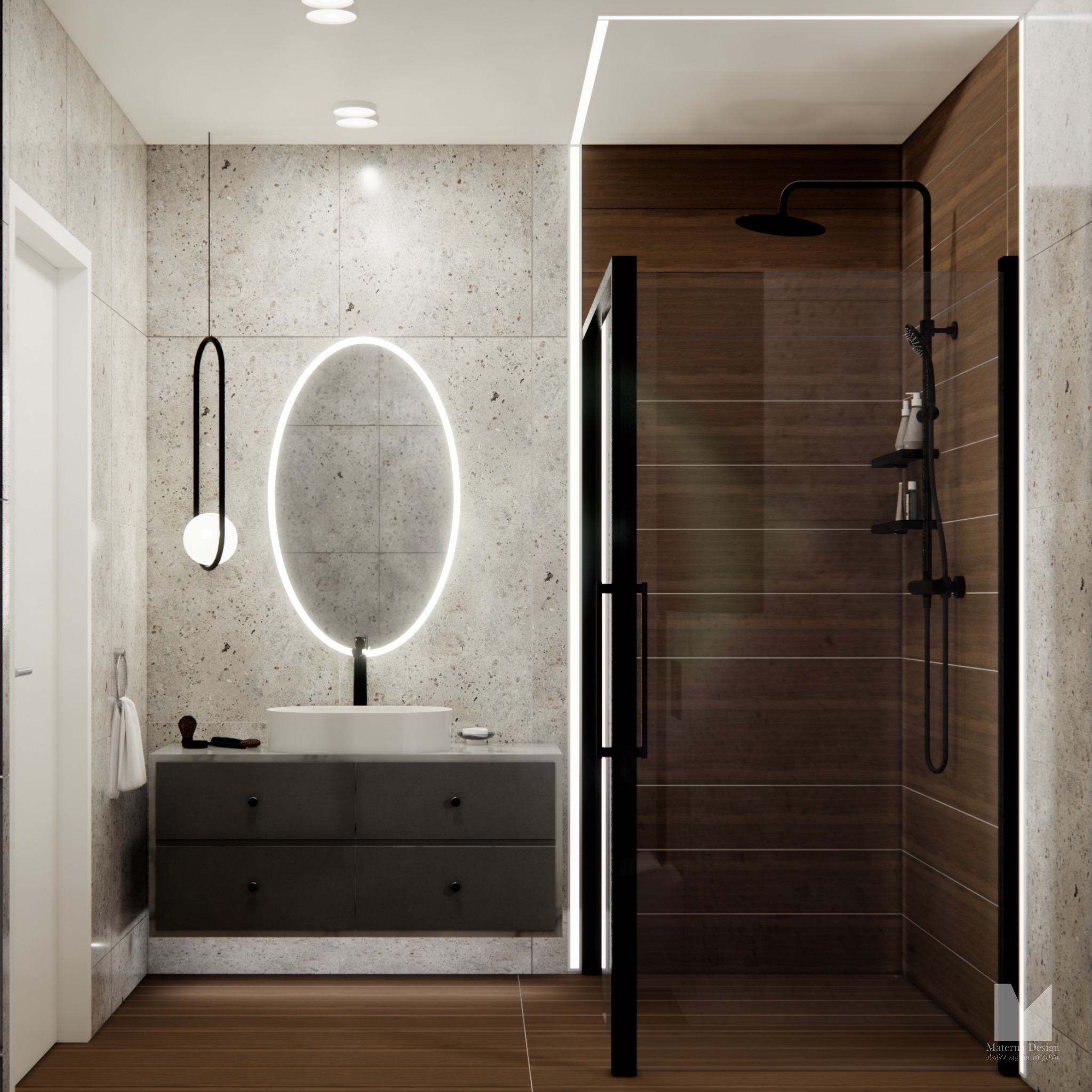 Nowoczesna łazienka z owalnym lustrem LED, szarą szafką pod umywalką i kabiną prysznicową z ciemnego drewna. Minimalistyczny design, ciepłe oświetlenie.