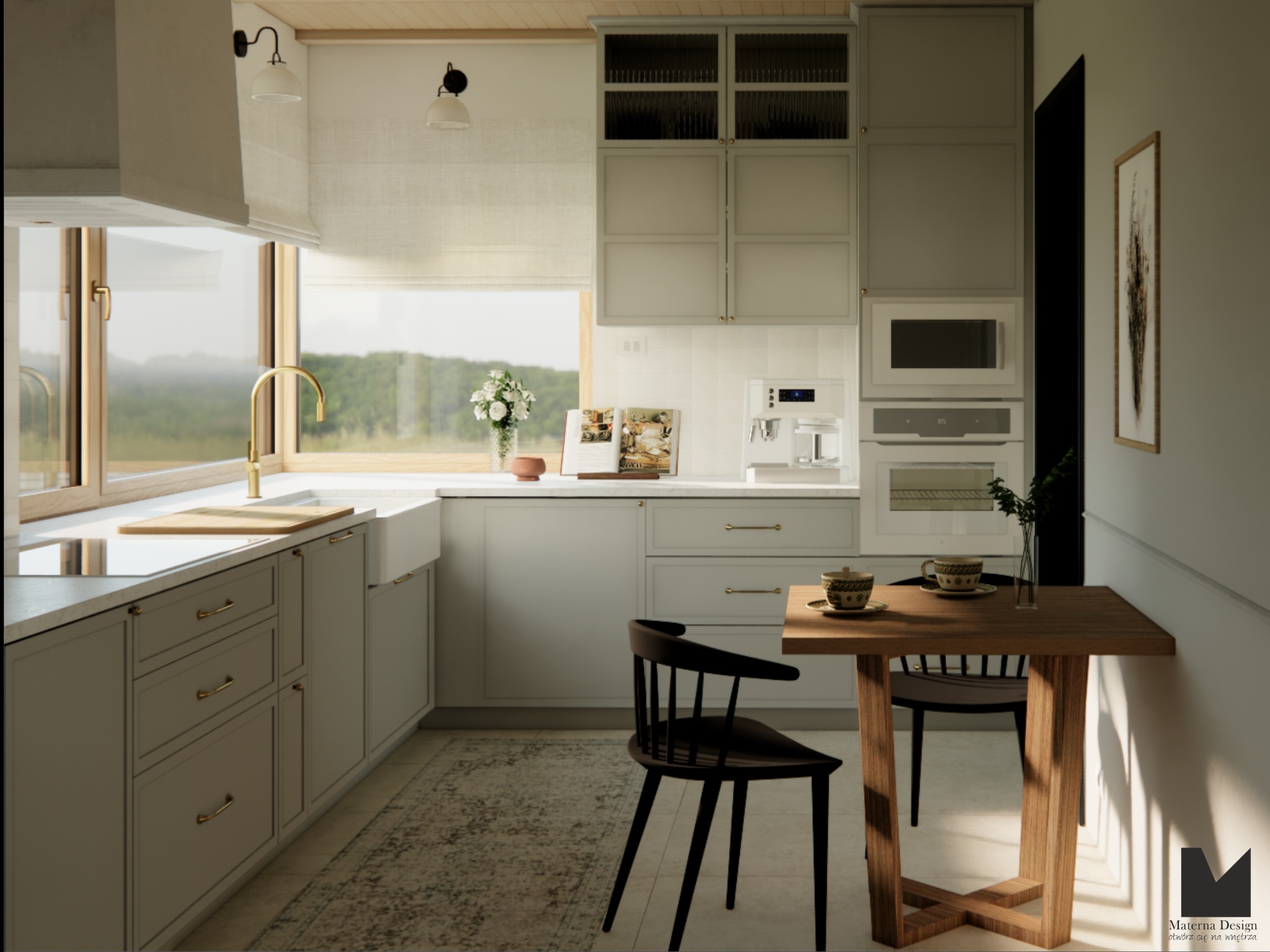 Jasna kuchnia w stylu skandynawskim z drewnianym stołem i czarnymi krzesłami. Widok na zieleń za oknem. Uwagę przyciąga złota bateria przy zlewie.