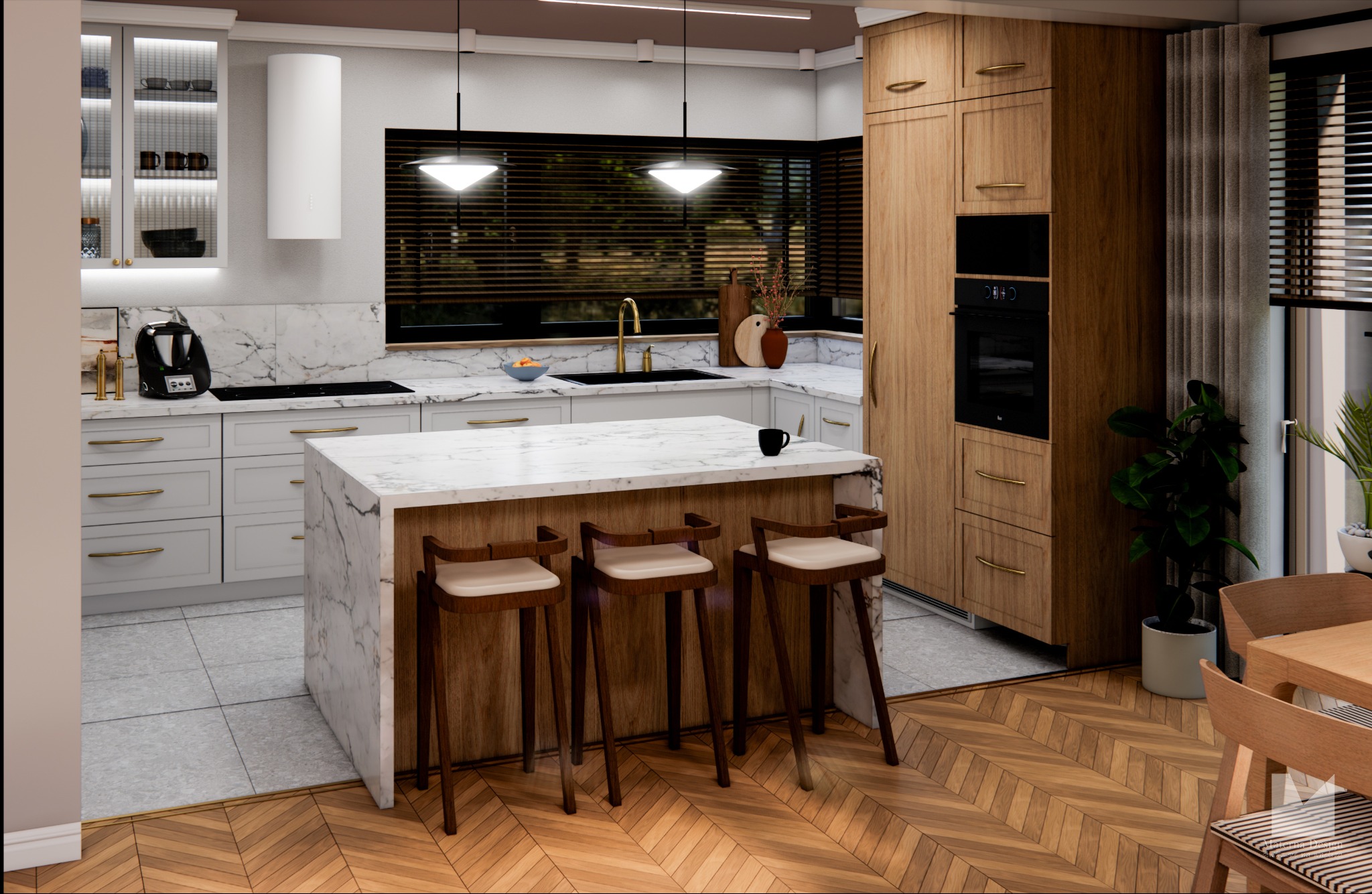 Nowoczesna kuchnia z marmurowym blatem wyspy i drewnianymi szafkami. Parkiet w jodełkę, minimalistyczne lampy i rolety w oknach tworzą elegancki wystrój.