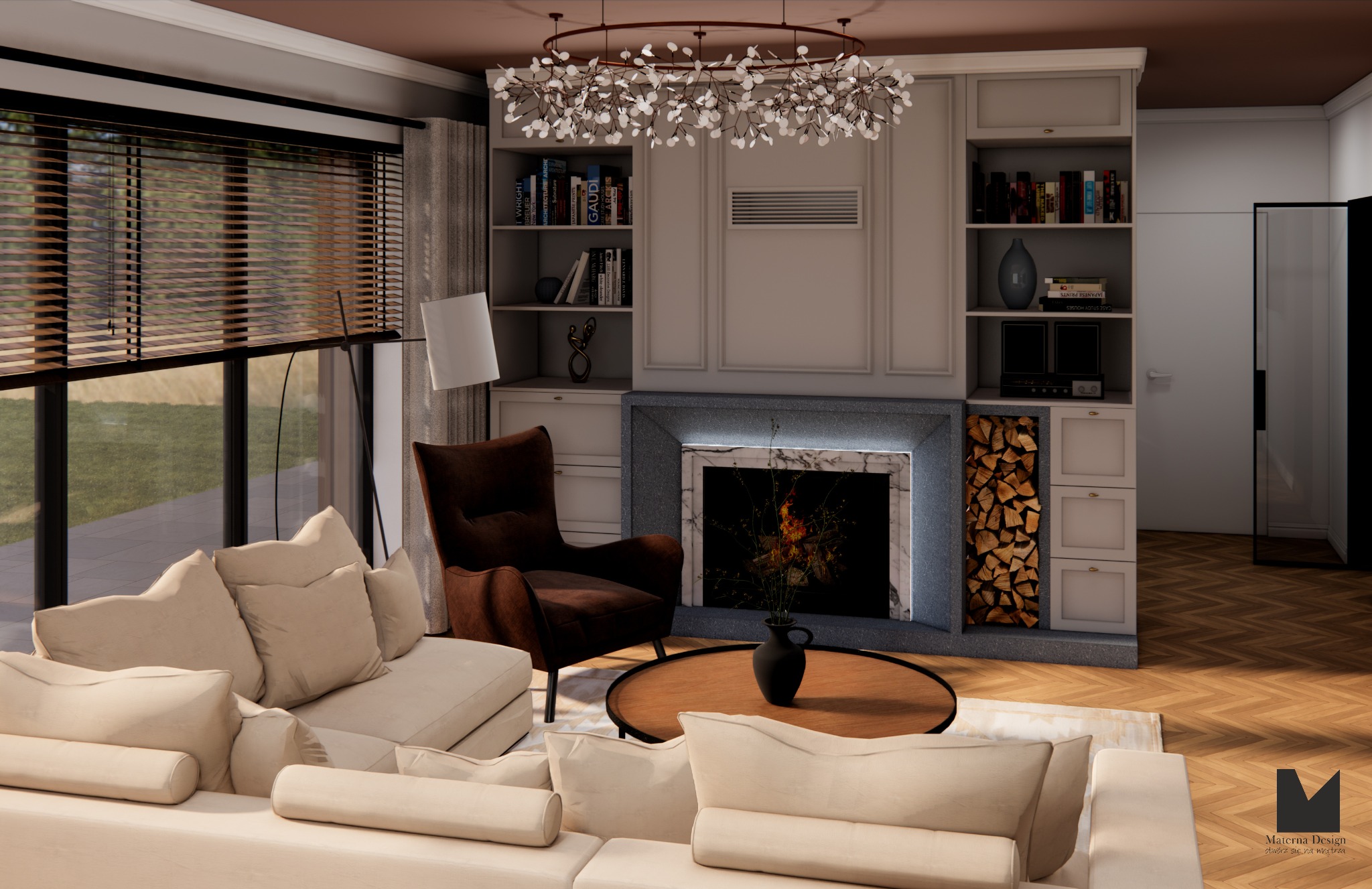 Elegancki salon z kominkiem, beżową sofą i brązowym fotelem. Na ścianie regał z książkami i drewnem kominkowym. Okno z żaluzjami wpuszcza naturalne światło.