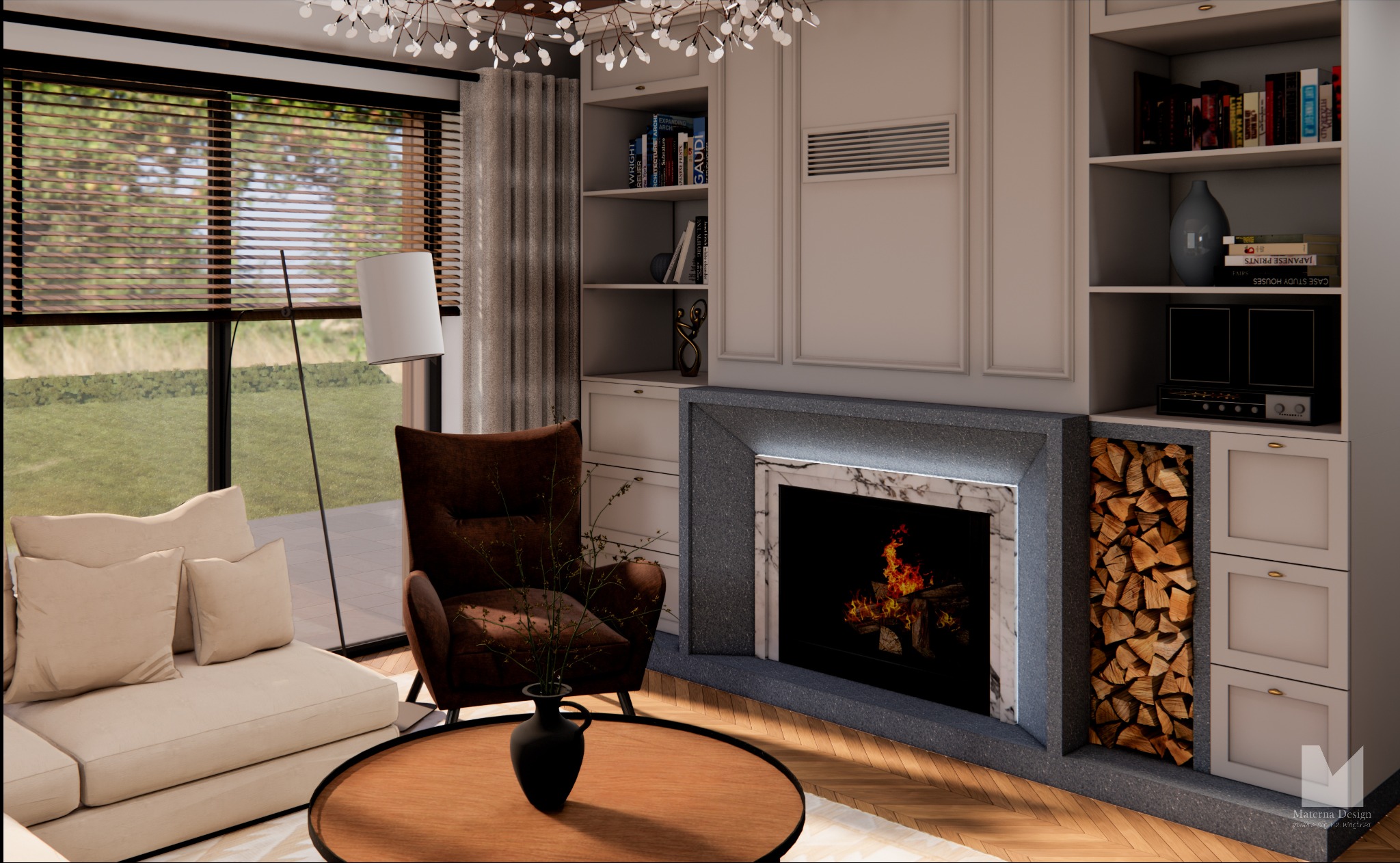 Elegancki salon z kominkiem i drewnem opałowym. Beżowa sofa, brązowy fotel i okrągły stolik kawowy. Duże okno z widokiem na zieleń. Klasyczne meble w zabudowie.