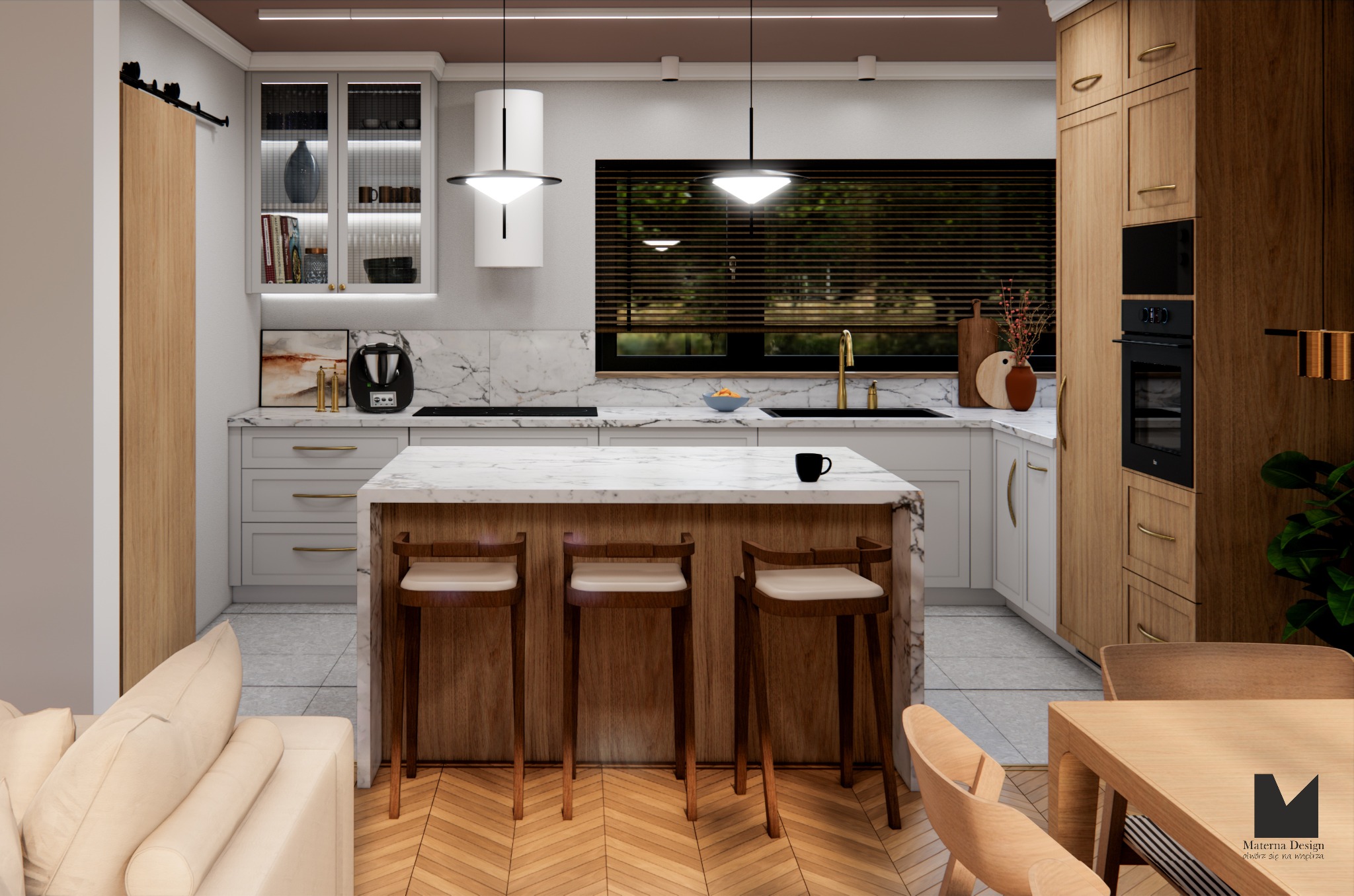 Nowoczesna kuchnia z wyspą i marmurowym blatem. Drewniane krzesła barowe, jasne szafki i parkiet w jodełkę. Minimalistyczne oświetlenie i duże okno z żaluzjami.