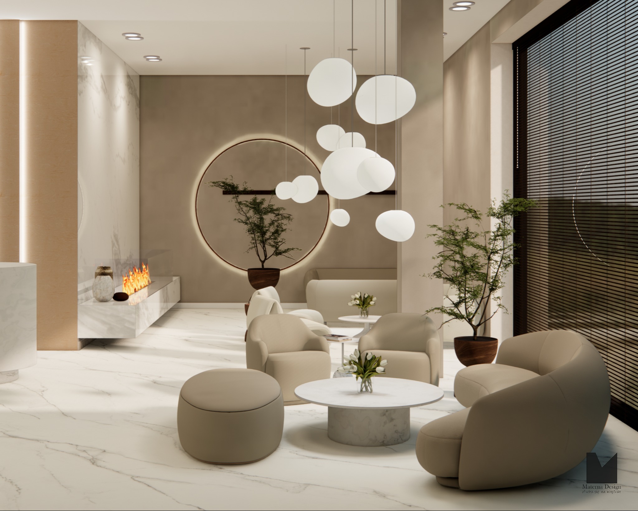 Eleganckie wnętrze biura z beżowymi fotelami, marmurową podłogą i okrągłym neonem za rośliną. Nowoczesny design z kominkiem i wiszącymi lampami.