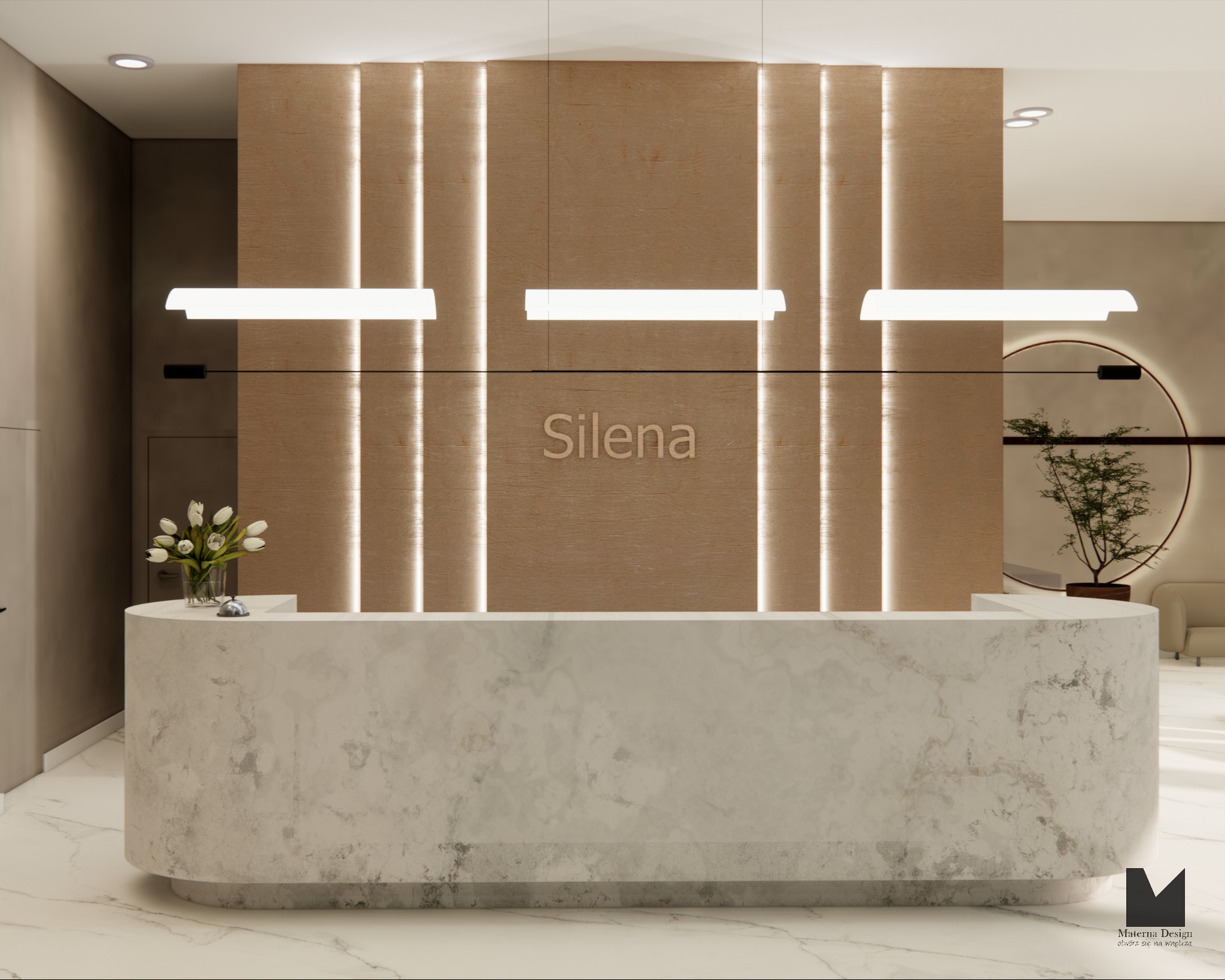 Wizualizacja 3D recepcji biurowej z marmurowym blatem, podświetlaną ścianą z nazwą 'Silena' i okrągłym lustrem z rośliną w tle. Nowoczesny design.