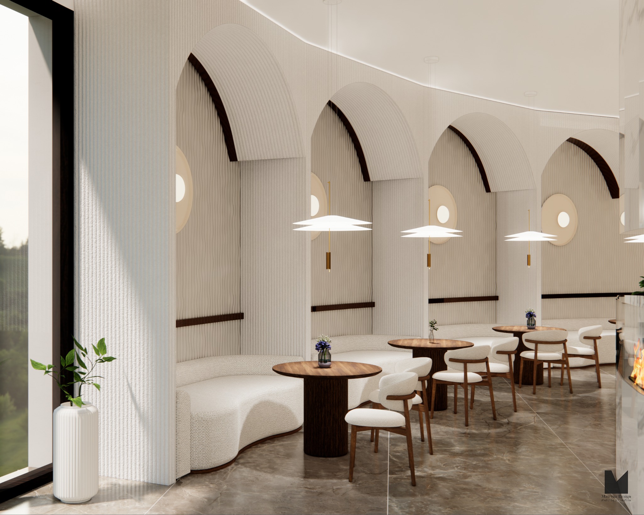 Elegancka aranżacja wnętrza kawiarni z łukowymi wnękami, miękkimi sofami i drewnianymi stolikami. Minimalistyczne lampy wiszące i marmurowa podłoga dodają szyku.