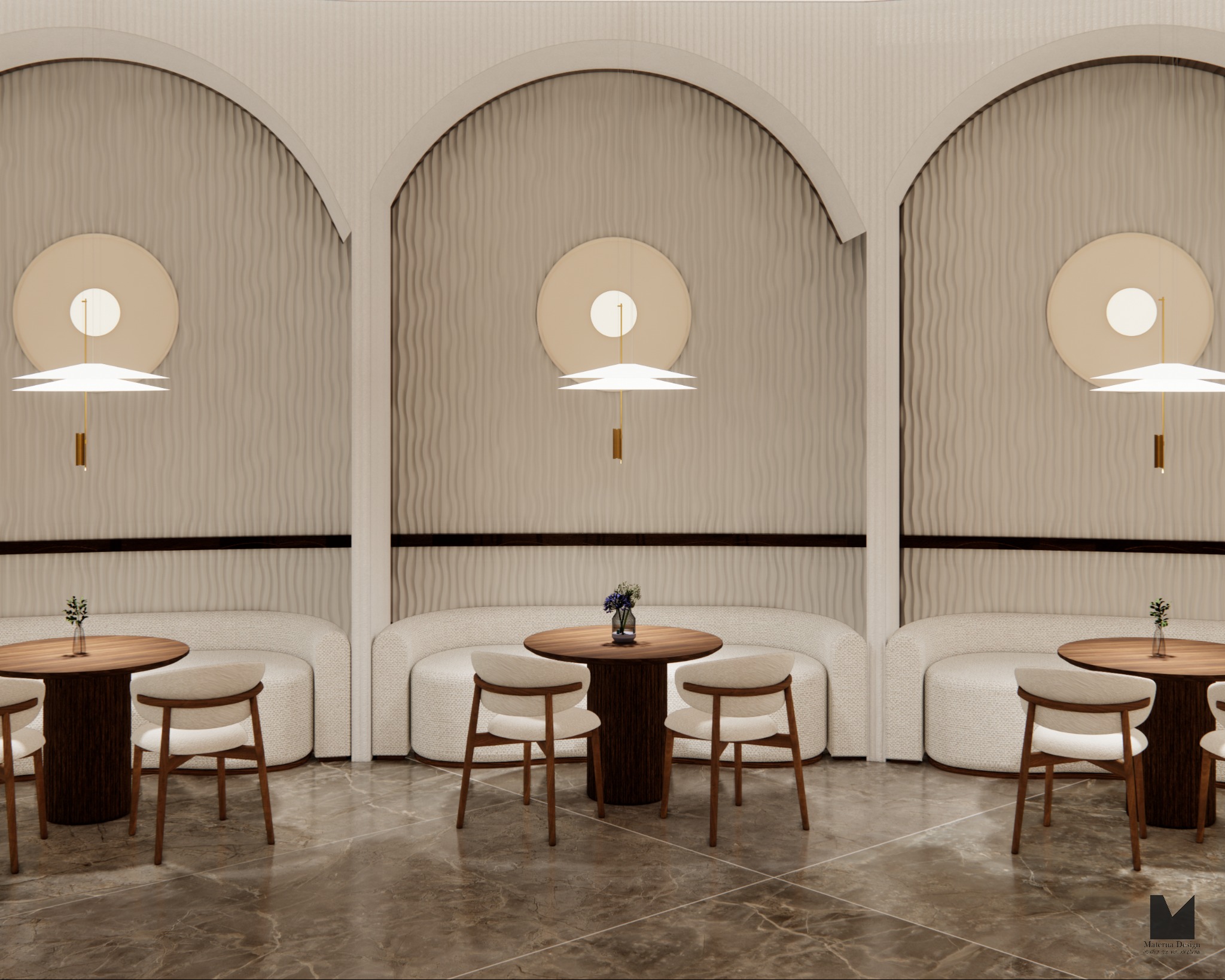 Elegancka aranżacja kawiarni: okrągłe stoliki z krzesłami, miękkie sofy w niszach z łukami, dekoracyjne lampy i marmurowa podłoga. Stonowana kolorystyka, nowoczesny design.