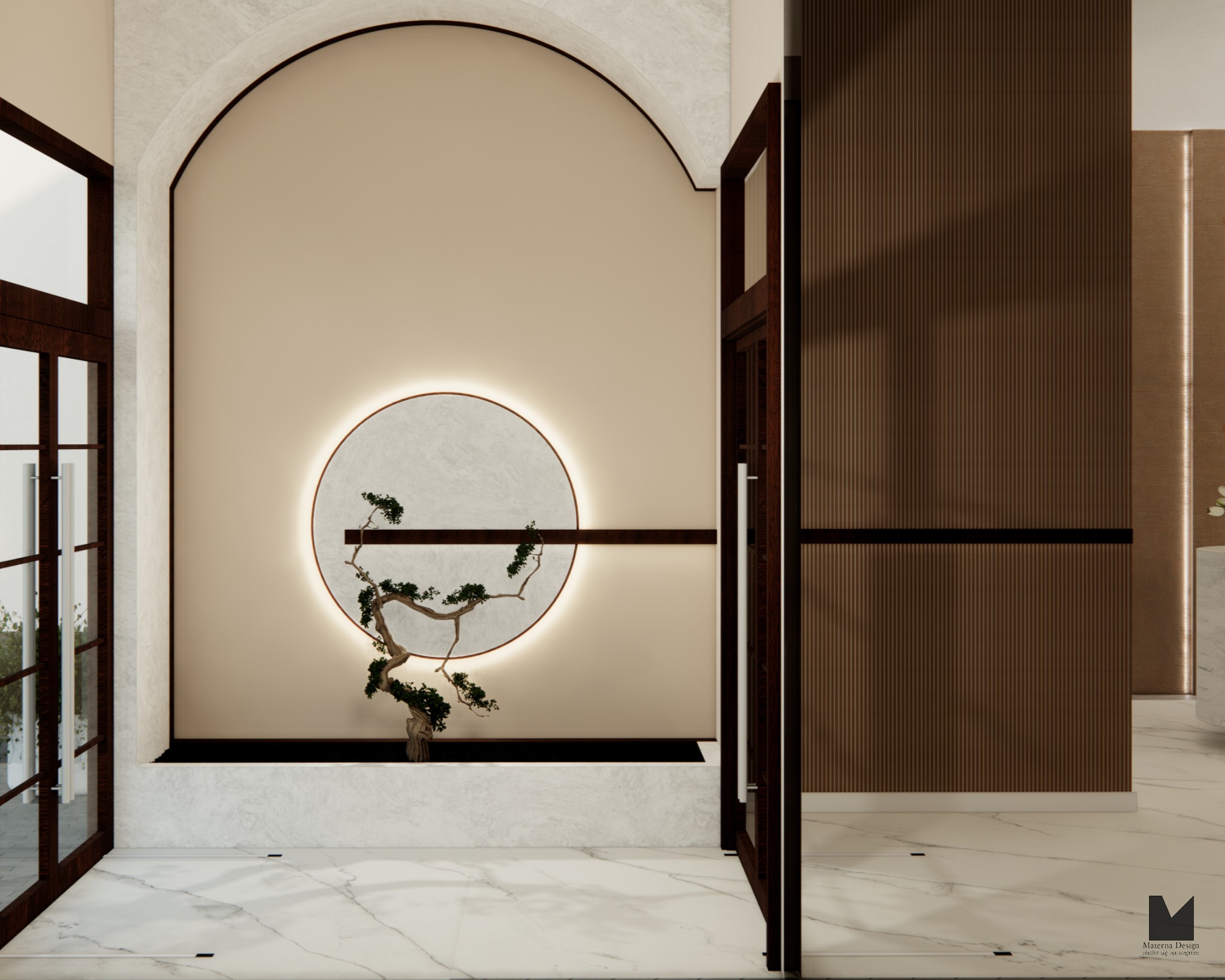 Minimalistyczne wnętrze z dekoracyjnym drzewkiem bonsai w okrągłej, podświetlanej niszy. Marmurowa podłoga i drewniane panele ścienne tworzą elegancki kontrast.
