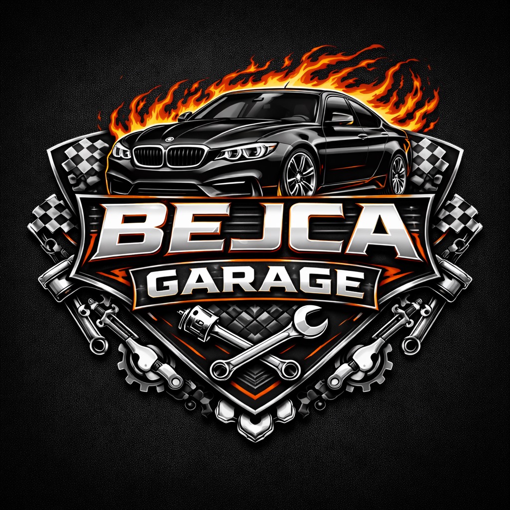 Grafika warsztatu samochodowego: czarne auto w płomieniach, nazwa 'BEJCA GARAGE', narzędzia i flaga w szachownicę na ciemnym tle. Logo w stylu vintage.