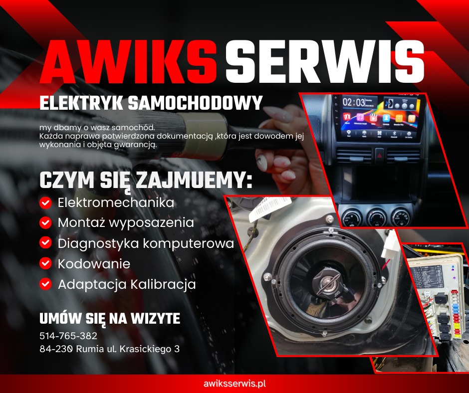 Awiks Serwis: montaż radia samochodowego, diagnostyka komputerowa, elektromechanika, kodowanie i adaptacja. Widok na głośnik w drzwiach i panel sterowania.