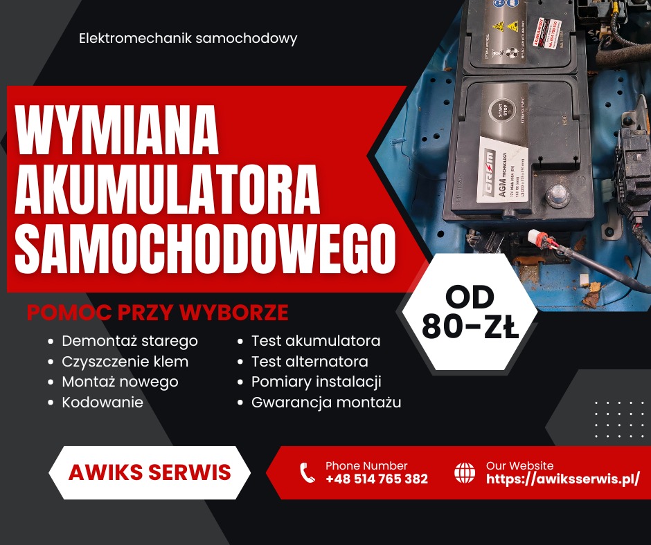 Wymiana akumulatora samochodowego: oferta serwisu z demontażem, czyszczeniem klem, montażem i kodowaniem. Cena od 80 zł. Kontakt i strona www.