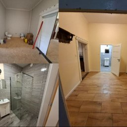 Michał Wiśniewski - Kolaż 'przed i po' remontu: pokój z surową podłogą, wyremontowany korytarz z drewnopodobnymi płytkami, wykończona łazienka z kabiną prysznicową i umywalką.
