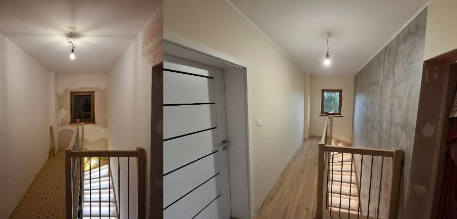 Korytarz po remoncie: ściany w odcieniach beżu i szarości, nowe drzwi z czarnymi akcentami, drewniane schody. Widok przed i po odświeżeniu.