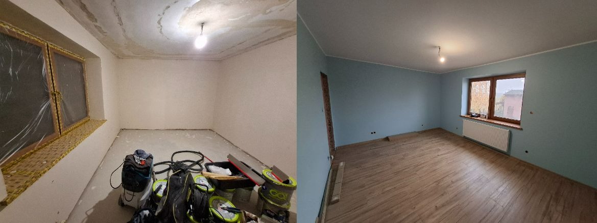 Zdjęcie 'przed i po' remontu pokoju: surowy stan z narzędziami vs. wykończone wnętrze z panelami, pomalowanymi ścianami na niebiesko i grzejnikiem pod oknem.