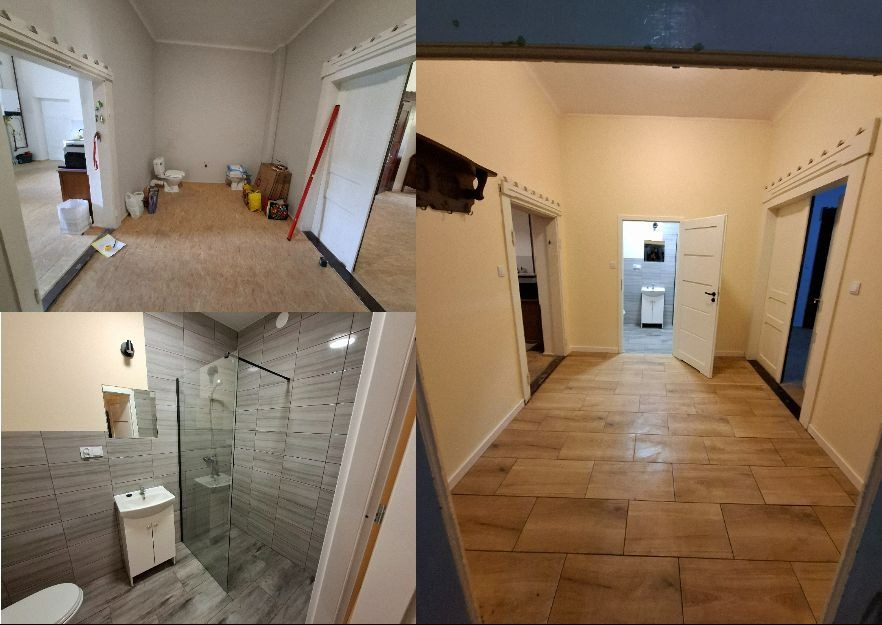 Kolaż 'przed i po' remontu: pokój z surową podłogą, wyremontowany korytarz z drewnopodobnymi płytkami, wykończona łazienka z kabiną prysznicową i umywalką.